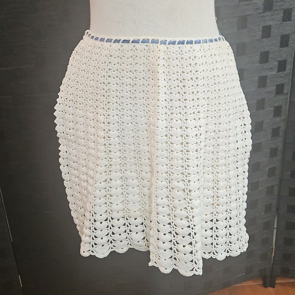 Vintage Ivory Crochet Apron with Blue Ribbon Tie & Vintage Button Covers